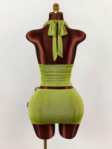 Amplova 女士吊带金属绿亮面两件套，镂空下摆，性感前卫，适合度假穿着。 - 綠色 - 查看 4