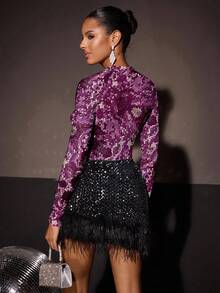Shutterstock Glamance Women's Sequin Print Round Neck Long Sleeve Fitted Fashion T-Shirt Sequin Women Glitter Women Purple Sequin Top - Purple - View 2
