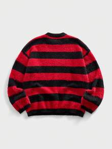 ROMWE MEN Grunge Punk 男士休闲圆领长袖黑红条纹毛衣，秋冬款 - 彩色 - 查看 2