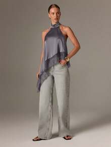 AiiRZ 高领露背缎面蕾丝下摆不对称无袖上衣，适合晚宴等场合，尽显精致奢华风范。 - 淡紫色 - 查看 3