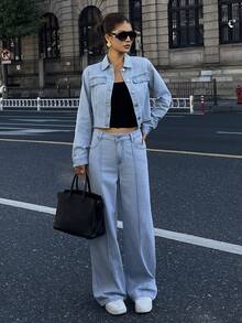 DAZY Women's Casual Cropped Jacket And Jeans Set, Autumn - Blue - View 6