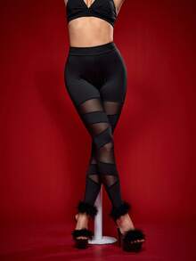 Menodora SHEIN Sport 女士时尚纯色网眼拼接绑带设计紧身裤，运动瑜伽裤 - 黑色 - 查看 3