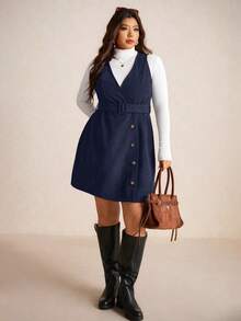 Elaquor Autumn Casual College Style Corduroy Fabric Removable Waistband Pockets Vintage Dress Plus Size Women Overall Brown Fall Dress,Winter Clothes - Navy Blue - View 4