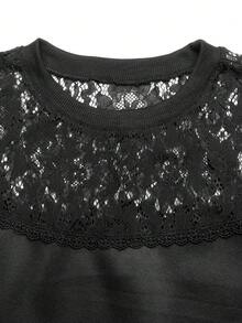 GlowEve Women's Contrast Lace Crew Neck Loose Fit Casual Sweatshirt - Black - View 3