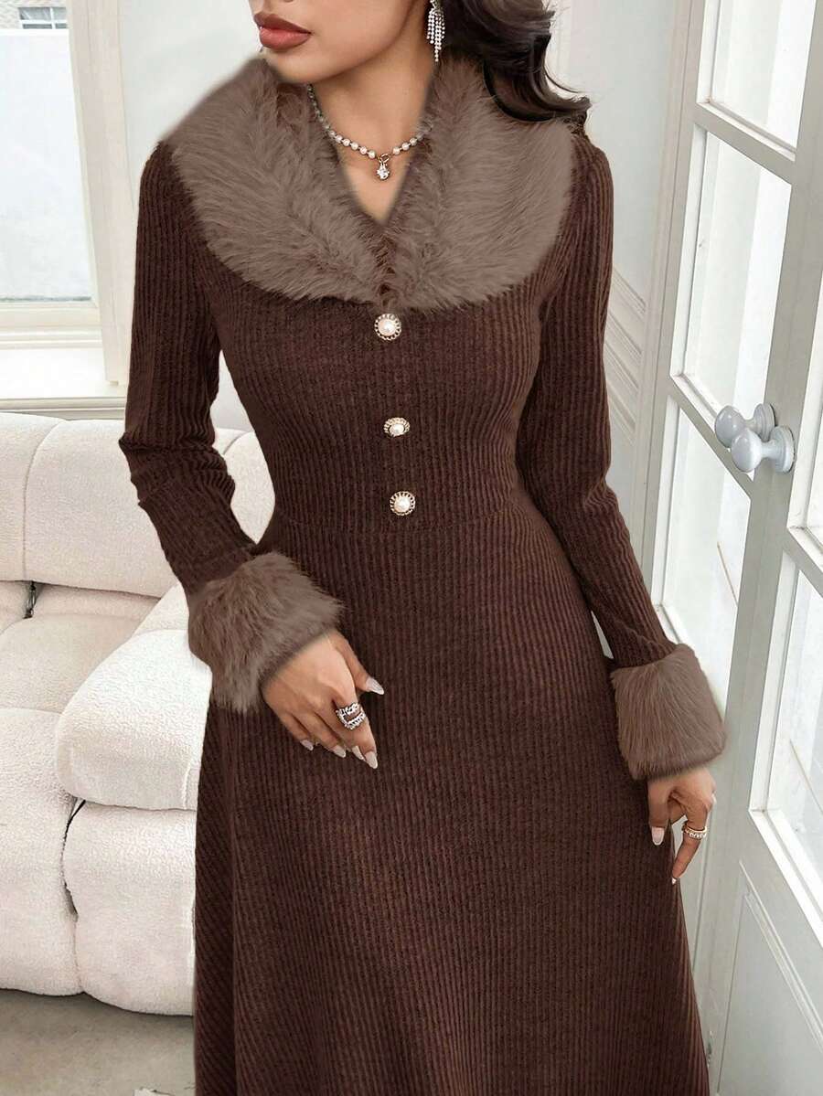 Modelyn Women Front Button Long Sleeve Fluffy Patchwork Casual Loose Dress Long Evening Dresses - Mocha Brown - View 1