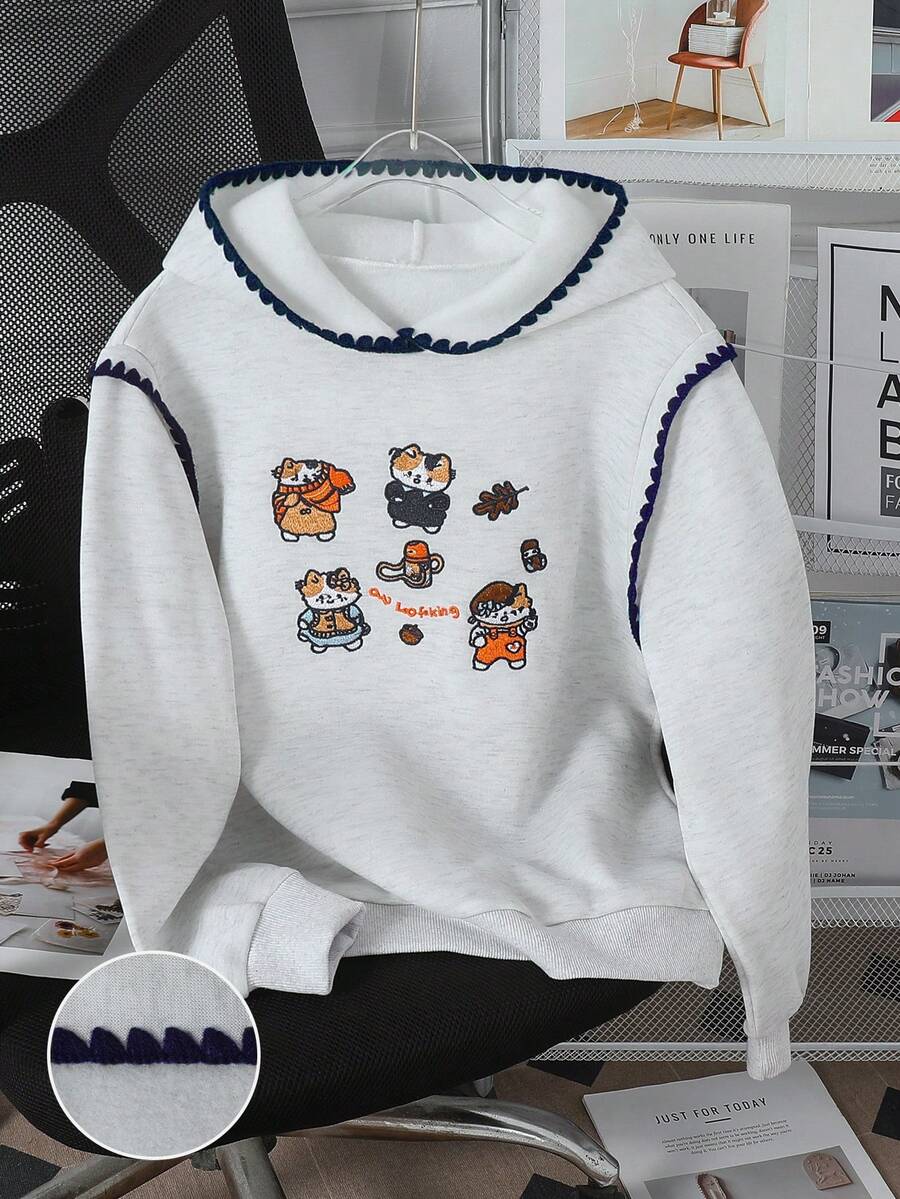 SHEIN 新款少女卫衣（单件装）：可爱休闲风，正面绣有动物图案，针织保暖内衬，浅灰色，连帽套头衫，宽松舒适的长袖卫衣。采用独特的撞色拼接设计。适合秋冬季节、户外活动、上学、旅行、聚会、运动等场合。必备卫衣！ - 灰色 - 查看 1