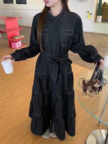 DAZY 复古收腰显瘦宽松中长款连衣裙衬衫，适合女士穿着。 - 藏蓝色 - 查看 7