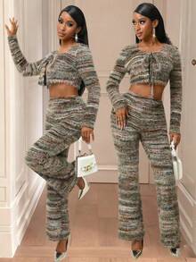 Lureya Autumn/Winter Sexy, Gentle, Night Out Style 2-Piece Set: Long Sleeve Open Front Cropped Cardigan With Fitted Silhouette, High Waist Skinny Pants; Fuzzy Knit Fabric, Colorblock Striped Knit Material, Fuzzy Yarn, Front Button Closure, Waist Cutout Design; Suitable For Party, Night Out, Clubbing, Birthday, Holiday, Streetwear, Christmas,Thermal,Warm,Cold Weather Clothes - Multicolor - View 8