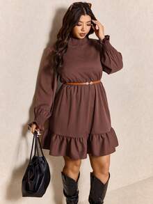 Elaquor 大码女式纯色荷叶领长袖荷叶边下摆休闲连衣裙 - 棕色 - 查看 7