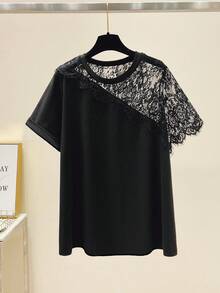 EMERY ROSE Camiseta casual de mujer de talla grande con parches de encaje, para uso diario y ocio - Negro - Ver 3