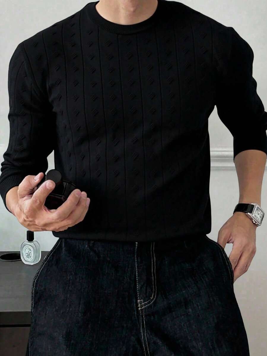 Manfinity Homme Jersey de cuello redondo de manga larga de punto de cable de unicolor para hombre - Negro - Ver 1