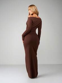 MISSGUIDED Off Shoulder Long Sleeve Ruched Neckline Bodycon Maxi Dress Winter Fall Autumn Elegant Party Evening Occasion Fitted Stretchy Knit Jersey - Coffee - View 2
