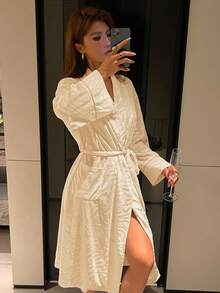 DAZY Women's Plush Textured Long Robe, Autumn/Winter Pajama - White - View 7