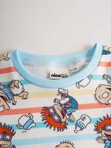 Nick 90s | SHEIN 男婴卡通条纹高弹力上衣和裤子贴身睡衣套装 - 藍白色 - 查看 4