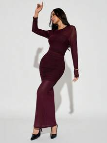 SHEIN PETITE Women's Elegant Burgundy Autumn Evening Dress,Solid Color Round Neck Long Sleeve Pleated Mesh Slim Fit Tight Long Formal Dress For Birthday Party ,Petite Women - Burgundy - View 12