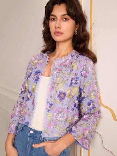 Lilora Women's Elegant Sequins Embellished Short Sleeve Blouse Spring Women Elegant And Fashionable Lavender Jacket Purple Jacket Embroidered Jacket Sequin Jacket Floral Jacket