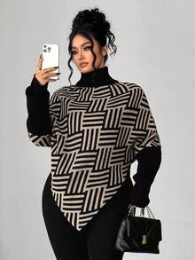 Elenzga Plus Size Asymmetrical Batwing Sleeve Turtleneck Contrast Color Knit Sweater, Casual & Comfortable Fall Winter - Multicolor - View 1