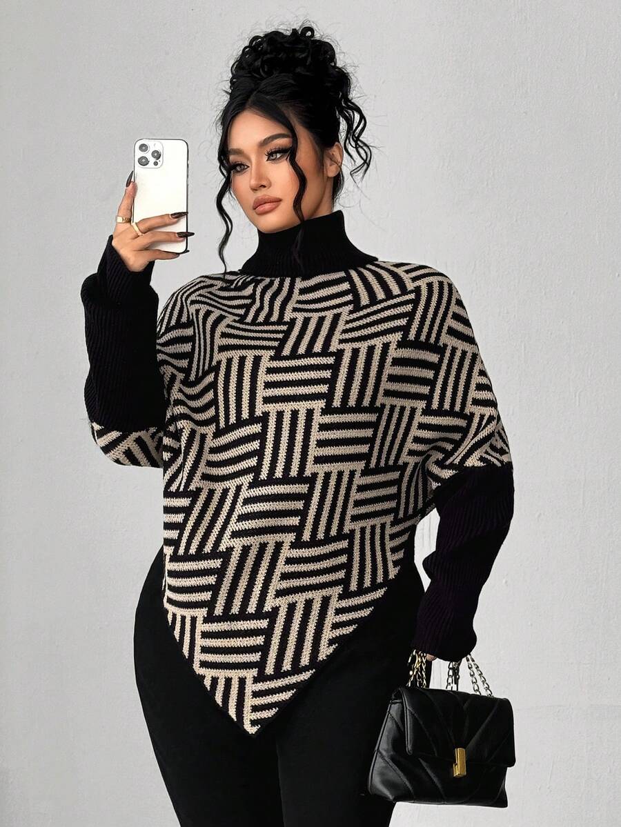 Elenzga Plus Size Asymmetrical Batwing Sleeve Turtleneck Contrast Color Knit Sweater, Casual & Comfortable Fall Winter - Multicolor - View 1