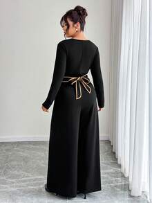 Elenzga 秋冬新款加大码女装法式撞色复古长袖V领高端时尚黑杏色撞色拉链交叉腰阔腿连体裤，适合办公室穿着，优雅女士长袖连体裤，街头复古优雅服饰，假日夜生活婚礼宾客装扮 - 黑色 - 查看 2