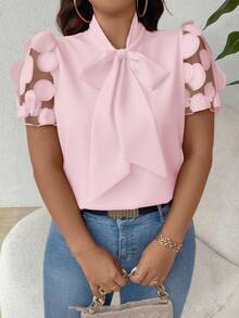 EMERY ROSE Plus Size Women Elegant Casual Mesh Patchwork Sleeve Blouse - Pink - View 3