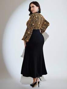Modelyn Plus Size Women V-Neck Fitted Long Sleeve Dress Curve Elegant Dress - Gold - View 3
