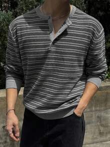 DAZY Men's Striped Crew Neck Partial Zip-Up Knit Sweater, Autumn - Multicolor - View 4