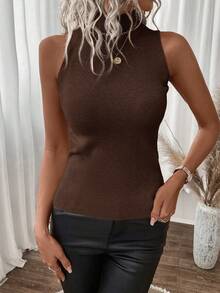 SHEIN Essnce 女士纯色立领无袖修身休闲针织上衣 - 咖啡棕 - 查看 7