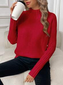 SHEIN LUNE Sweater Kasual Warna Polos dengan Kerah Tegak, Musim Gugur/Musim Dingin - Merah - View 6