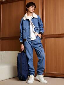 SHEIN Explorewe TWEEN BOYS 2-Piece Set: Denim Jacket With Fleece Collar & Cuffs, Paired With Relaxed Straight Leg Denim Jeans, Fashionable Streetwear Style Outfit For Boys Boy Jeans Sets 2 Piece Denim Set - Medium Wash - View 4