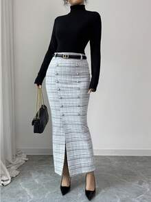SHEIN Elenzya Chân váy Maxi len pha ren xẻ tà ngọc trai cạp cao thanh lịch, thích hợp mặc thường ngày, dự tiệc, thu đông - Đen và trắng - Xem 4