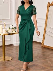 SHEIN Lady Vestido elegante de mujer con mangas cortas, volantes, parches florales y lentejuelas de malla - Verde Oscuro - Ver 6