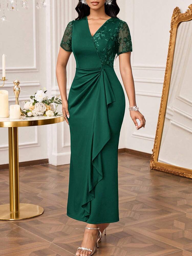 shein green dress Lady Women's Floral Patchwork Sequin Mesh Short Sleeve Ruffle Elegant Bridesmaid Dress Green Elegant Dress Cami
