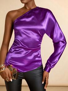 Lyxana Women's Solid Color Pleated Elegant Asymmetric Shoulder Long Sleeve Blouse - Purple - View 5