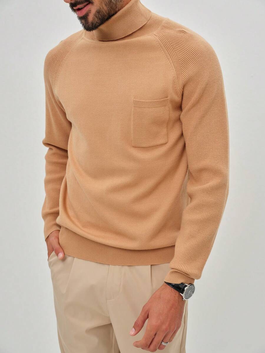 Manfinity Homme Sweater Kasual Pria Warna Polos Kerah Tinggi Lengan Raglan, Atasan Cokelat Muda Musim Gugur/Dingin Pria, Sweater Cokelat Pria, Kerah Mock Pria, Aprikot - Coklat - View 1