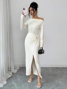 Rafferiza Metallic Decor Button Textured Fabric Asymmetrical Shoulder Split Long Sleeve Midi Dress For Women,Off-White,Autumn,Elegant,Dinner Date White Dress - Apricot - View 4