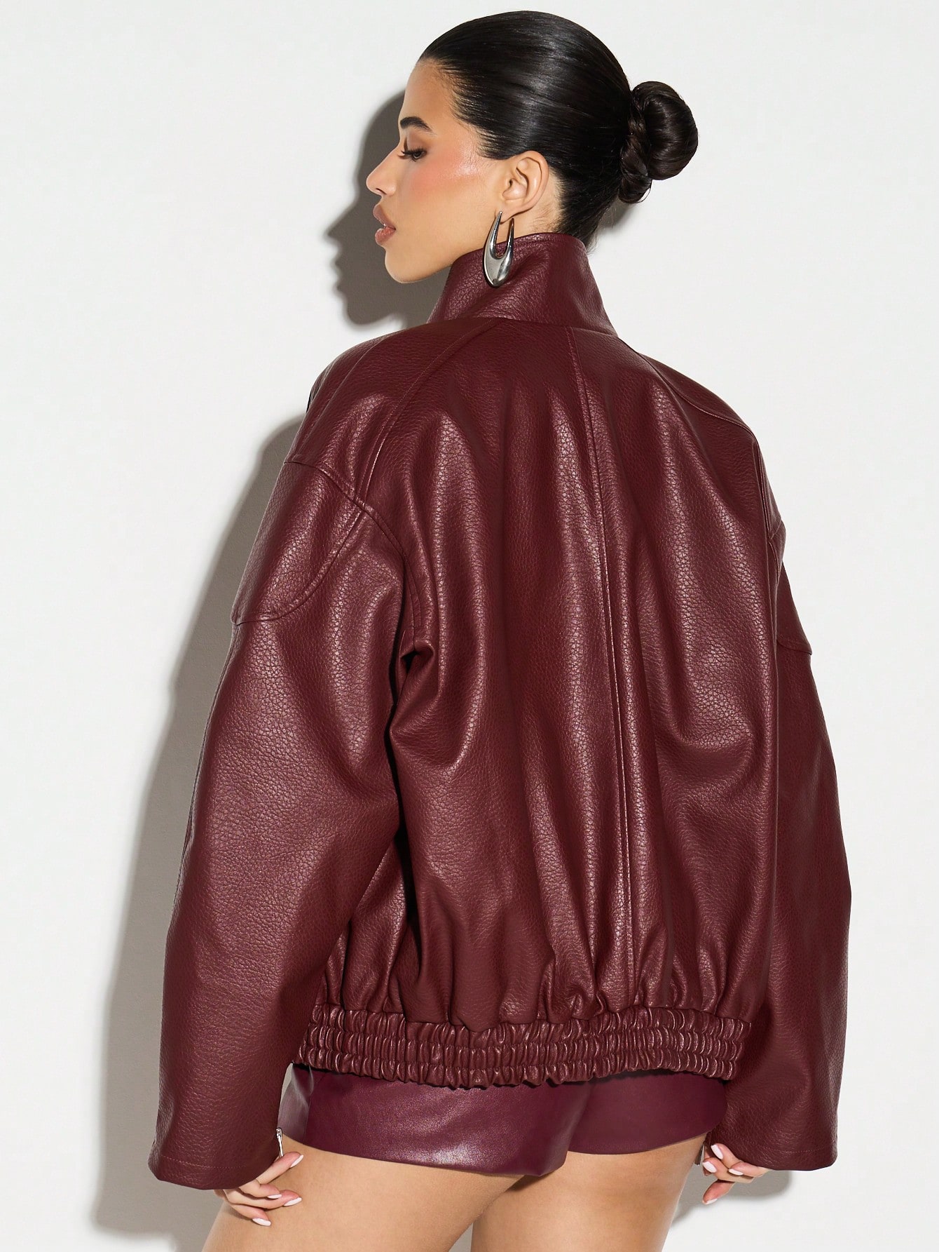 KIZN Burgundy Faux Leather Bomber Jacket With Stand Collar