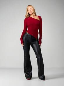 MISSGUIDED Parte superior acanalada asimétrica de hombros descubiertos de manga larga con costillas para invierno y otoño - Rojo - Ver 3