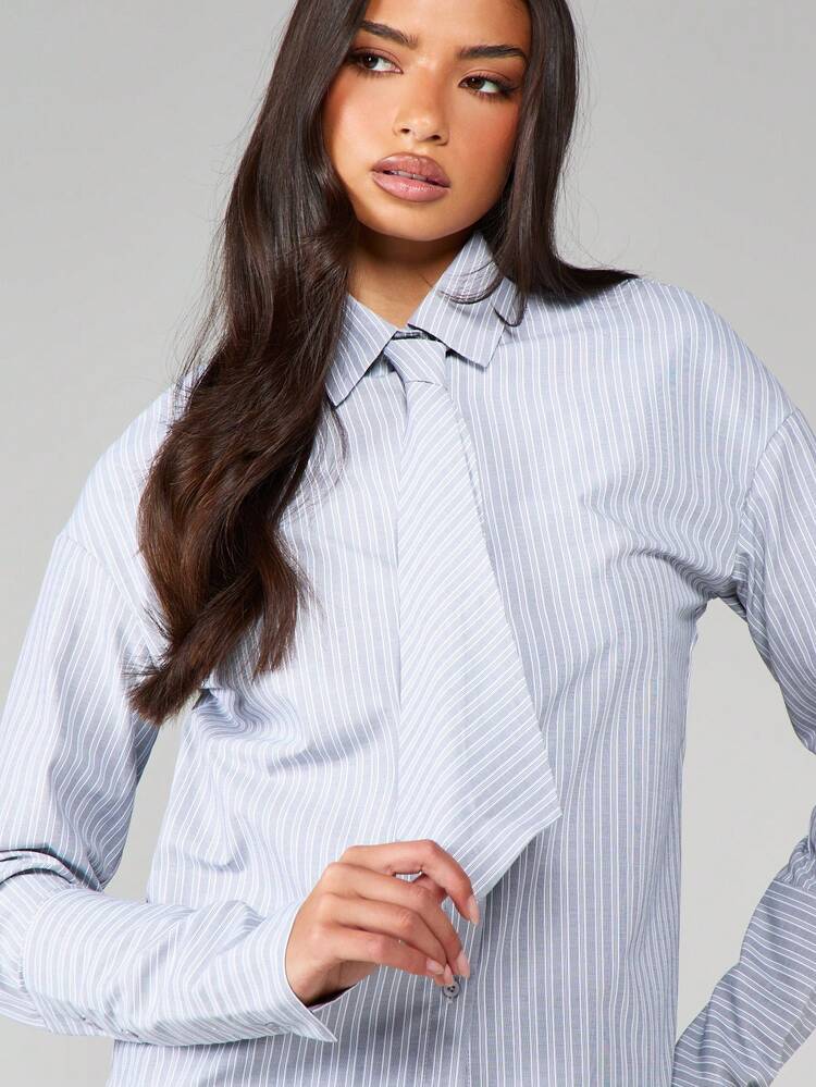 MISSGUIDED Camisa Social Feminina de Manga Longa com Botões e Gola, Listrada, para Uso Profissional no Escritório