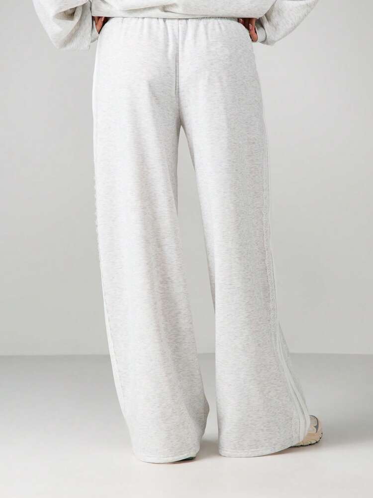 MISSGUIDED Brushed Fleece Joggers With Delicate Lace Trim Wide Leg Sweatpants Comfortable Loungewear Cozy Relaxed Fit Casual Pants