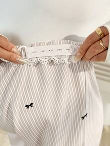 SHEIN Adjustable Waist Bow Print Pocket Wide Leg Loose Casual Maternity Pants - Khaki - View 3