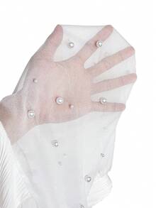 Cravure Blusa Feminina Elegante de Manga Longa Lanterna com Decote Alto, Cintura Marcada, Tecido Leve de Tule com Aplicação de Miçangas, Recortes Assimétricos e Linhas Curvas, Ideal para Passeios, Reuniões e Encontros