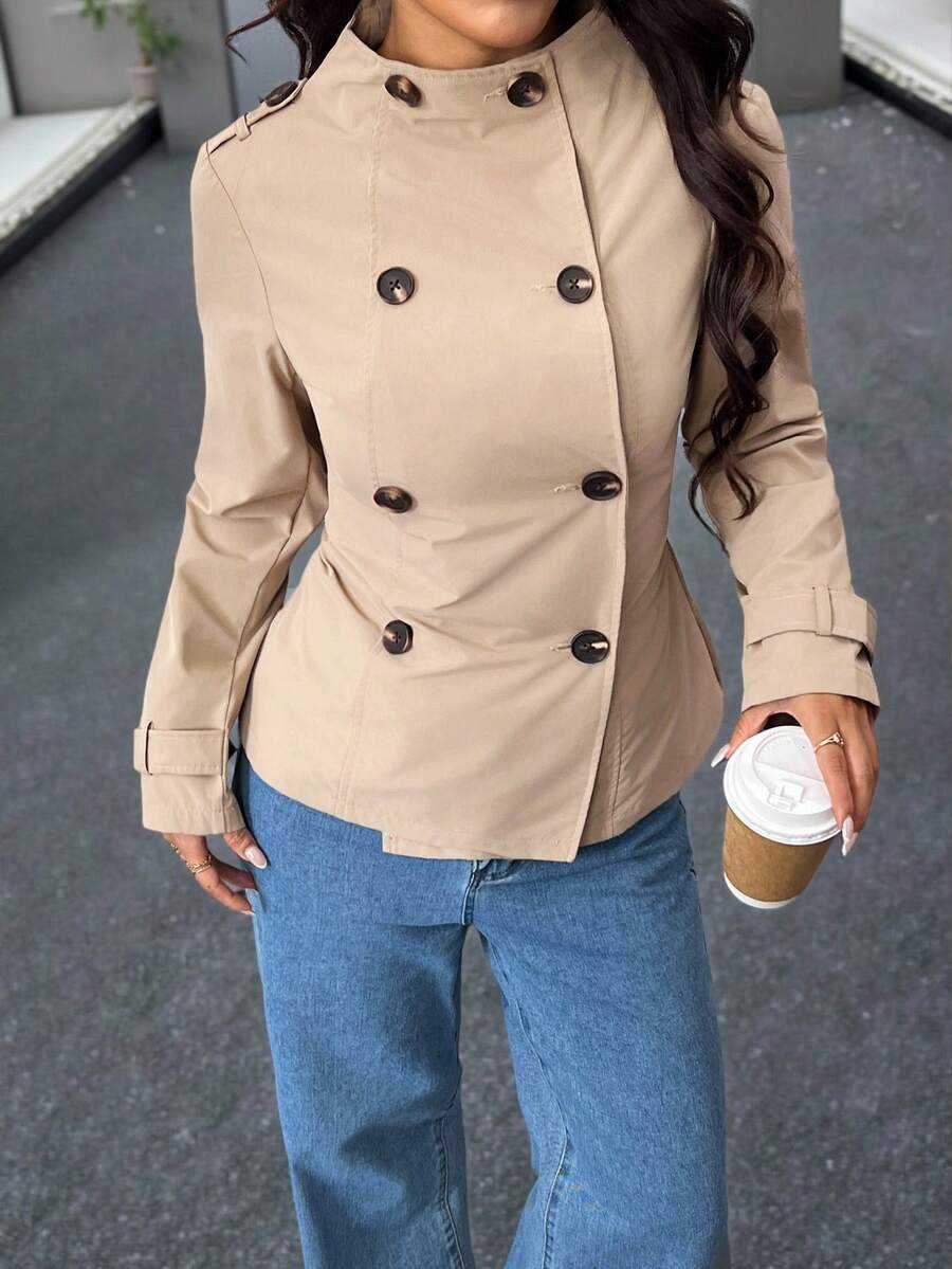 SHEIN PETITE Women's Autumn New Style Stand-Up Collar Long-Sleeved Double-Breasted Waist Trench Coat, Suitable For Daily Street Wear - Khaki - View 1