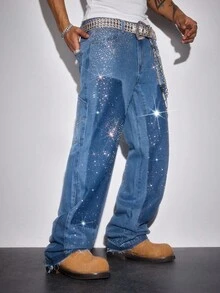 ROMWE MEN Street Life Men's Loose Fit Pockets Flared Leg Rhinestone Embellished Jeans - Blue - View 1