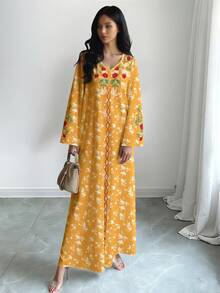 SHEIN Najma 女士花卉植物数码印花优雅圆领长袖睡袍，春秋季 - 彩色 - 查看 3