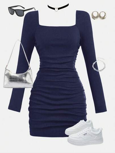 SHEIN Girlism Teengirl Solid Color Waist Cinched Fitted Square Neck Long Sleeve Pleated Casual Dress, Party, Back To School