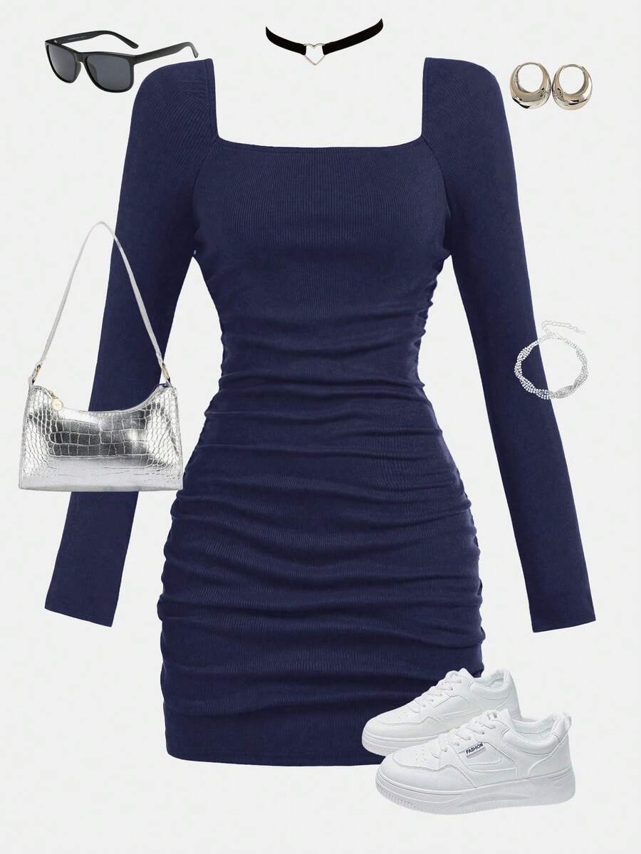 SHEIN Girlism Đầm suông tay dài xếp ly cổ vuông bó sát màu trơn cho bé gái, dự tiệc, trở lại trường - Màu xanh hải quân - Xem 1