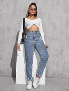 SHEIN ICON 大码女式休闲度假街头破洞无弹力浅灰色牛仔裤 - 淺色水洗藍 - 查看 4