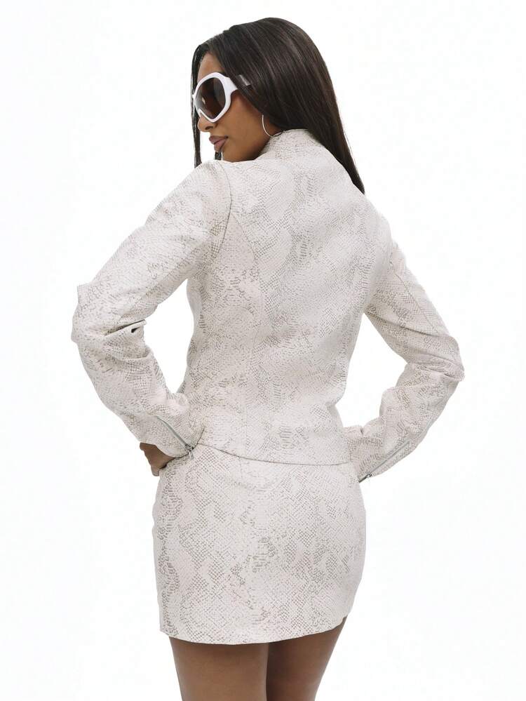 BABYPHAT Taillierte Motorradjacke mit Schlangenmuster, Reißverschluss, Stehkragen, Langarm, hüftlang, Herbst Winter Oberbekleidung