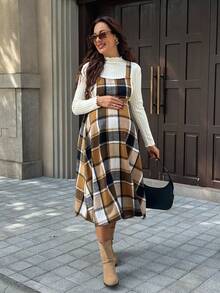 SHEIN 卡其色格纹收腰A字孕妇中长连衣裙 - 彩色 - 查看 5