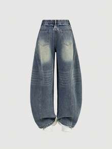 女童牛仔裤，8-12岁，时尚拼接复古Y2K宽松阔腿牛仔裤，松紧腰，右腿破洞设计，柔软牛仔棉面料，做旧水洗质感，适合城市漫步、日常穿搭、OOTD（每日穿搭）、外出、旅行、派对等场合，新品上市 - 深色水洗藍 - 查看 2